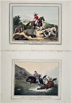 A vintage print featuring two separate scenes of mounted figures in hunting scenarios.