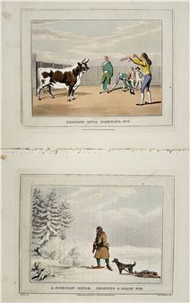 A two-panel print depicting a bullfighting scene and a hunter with dogs in a snowy landscape.