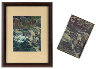 A framed watercolor painting of a boat in rough seas alongside a vintage book cover featuring the same maritime scene.
