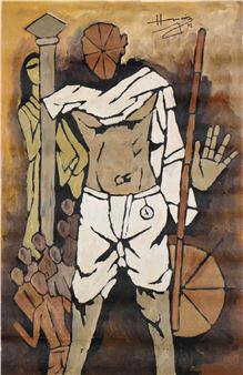 A stylized figure in white garments stands amidst a group of smaller figures, holding a staff and shield against a warm, earthy background.