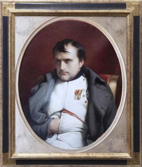 A formal portrait of a seated figure in military attire within an ornate oval frame.