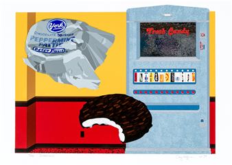 A pop-art style illustration of a candy vending machine, a chocolate bar wrapper, and a bitten chocolate cookie.