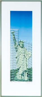 A stylized print of a statue-like figure wrapped in scaffolding against a clear blue sky.