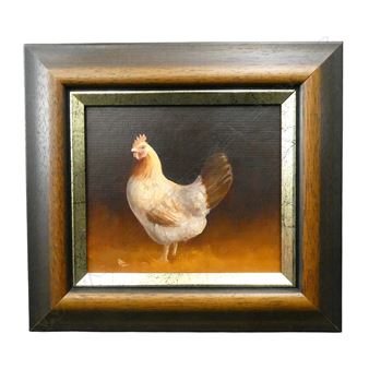 A framed oil painting of a rooster standing against a dark background.