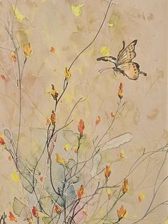 "A framed botanical watercolor featuring delicate, abstracted plant forms against a warm, textured background."