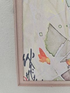 "A framed botanical watercolor featuring delicate, abstracted plant forms against a warm, textured background."