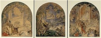 A triptych of mythological scenes featuring figures in classical poses within arched frames.