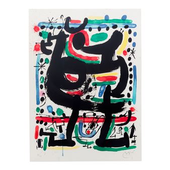A vibrant abstract composition featuring bold black brushstrokes against a colorful, patterned background.