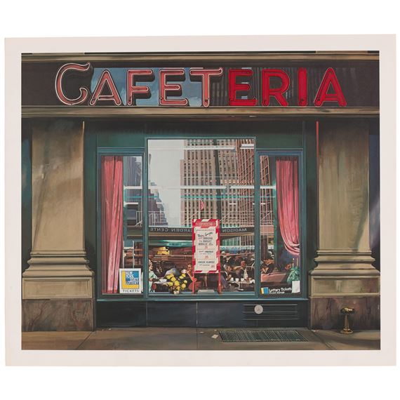 A realistic painting of a storefront with a large red sign and a window filled with people.