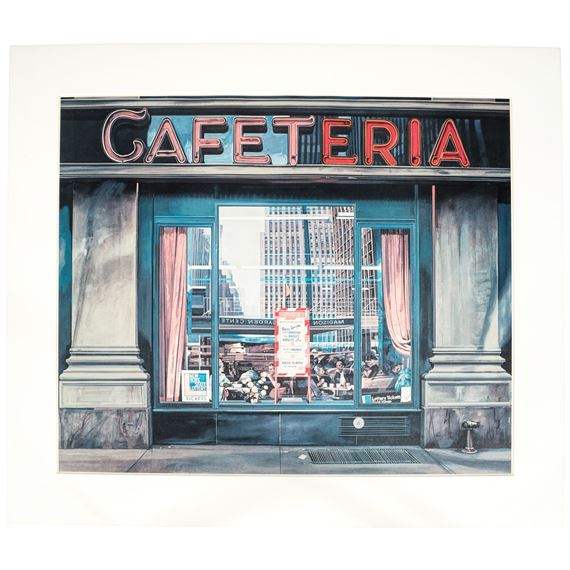 A realistic storefront painting of a cafeteria with a city skyline visible through the window.