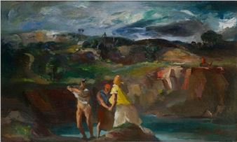 A dramatic landscape painting featuring three figures by a river under a turbulent sky.