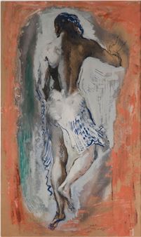 A dynamic watercolor study of a nude figure in motion against a vibrant, abstract background.