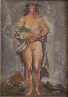 A nude figure stands draped in a cloth against an abstract background.