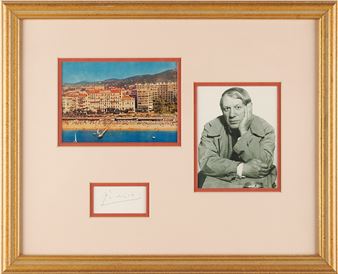 Vintage ballpoint signature, "Picasso," on the reverse of a color postcard depicting the coastline of the Côte d'Azur at Cannes Picture