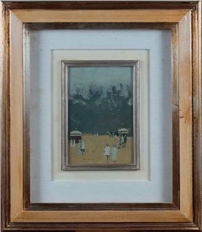 A framed miniature landscape painting depicting a beach scene with figures under umbrellas.