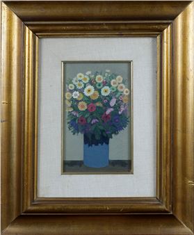 A framed floral still life painting featuring a colorful bouquet in a blue vase.