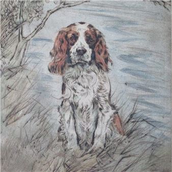 A detailed drawing of a dog sitting in a field with a tree branch.