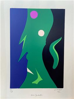 A vibrant abstract portrait featuring a green profile against a blue background with bold geometric shapes.