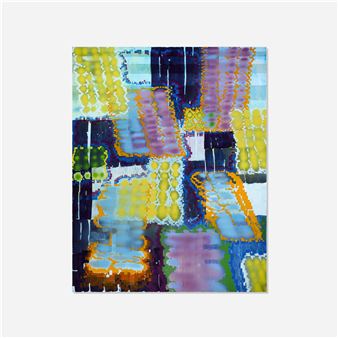A colorful abstract composition featuring pixelated geometric shapes and vibrant hues.