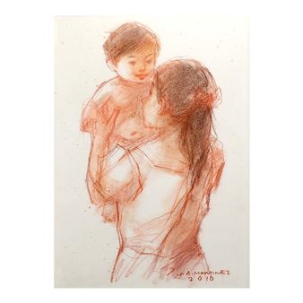 A tender sketch of a figure holding a small child.