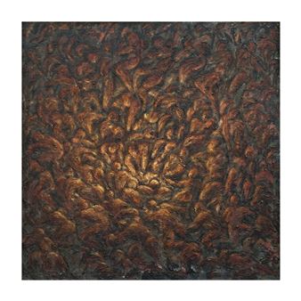 A textured abstract composition of swirling organic forms in warm earth tones.