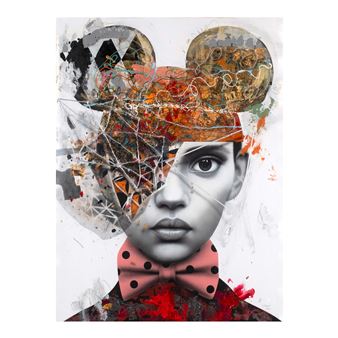 A surreal portrait blending a human face with abstract, textured elements and iconic ear shapes.