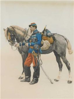 A watercolor illustration of a soldier in blue and red uniform standing beside a saddled horse.