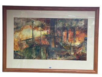 A framed abstract landscape painting featuring a fiery, textured scene with vertical forms and warm tones.