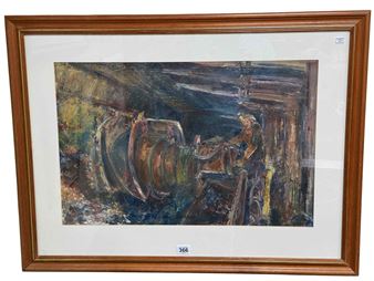 A framed painting of a figure seated beside a large cylindrical object in a dark, textured landscape.