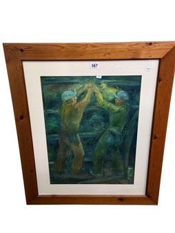 A framed painting of two figures in a green, industrial setting.