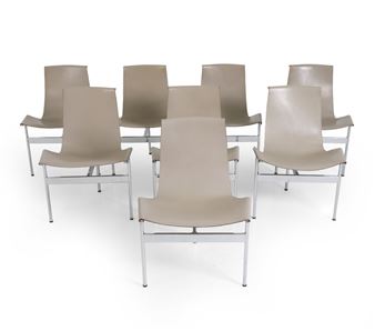 A collection of eight beige chairs with chrome frames arranged in a semi-circle against a white background.