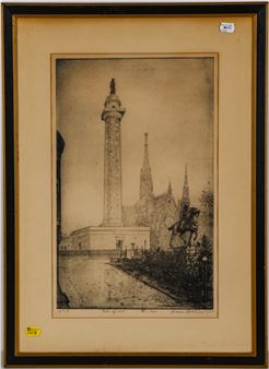 A monochromatic etching of a tall column monument flanked by church spires and a horse statue.