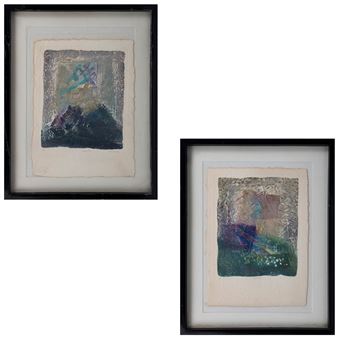 A diptych of framed abstract mixed-media artworks featuring textured layers and muted earth tones.