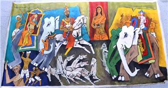 A vibrant, flat-style painting depicting a mythological procession with elephants, horses, and figures in bold colors.