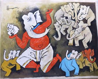 A vibrant watercolor painting of a central figure with an elephant head, surrounded by smaller elephants in various colors.