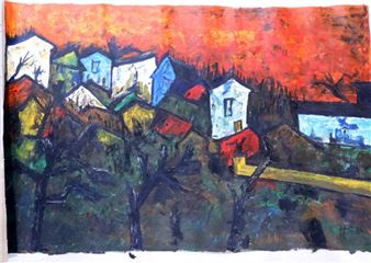 A vibrant expressionist landscape painting of a village nestled among dark trees under an intense orange sky.