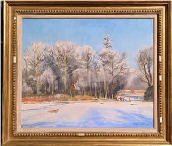 A serene winter landscape painting featuring snow-covered trees and a fox in the foreground.