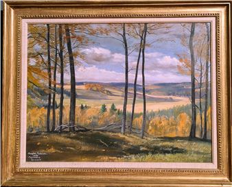 A framed landscape painting of an autumnal forest scene with tall trees and rolling hills.