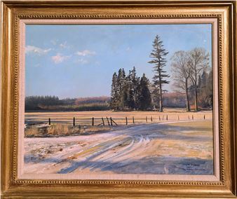 A serene winter landscape featuring a snowy path, rustic fence, and tall evergreen trees under a pale blue sky.