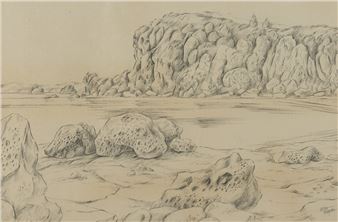 A monochromatic landscape sketch featuring a rocky shoreline and distant cliffs.