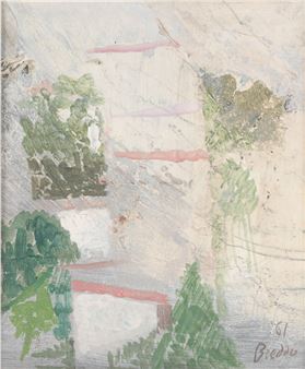 An abstract composition of green foliage and pink horizontal bands on a textured off-white background.
