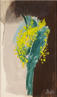 A vertical composition featuring a stylized bouquet of yellow flowers against a dark background.