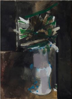 A still life painting of a vase with green foliage against a dark background.