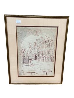"A framed sketch of a European street scene viewed through an archway, featuring outdoor café tables in the foreground."