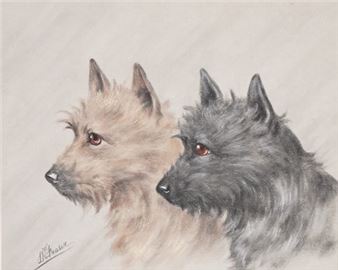 A side-by-side portrait of two small, fluffy dogs rendered in soft charcoal.