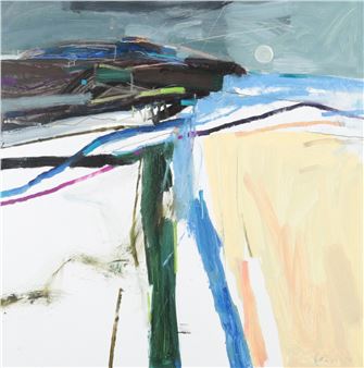 An abstract landscape painting featuring a dark horizontal structure over a white ground with bold color strokes.