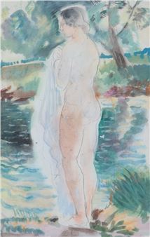 A watercolor painting of a nude figure standing by a river, wrapped in a white cloth.