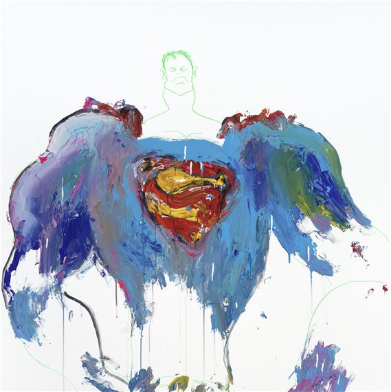 A vibrant, abstract painting of a muscular figure with a glowing face and a red heart-shaped emblem on the chest.
