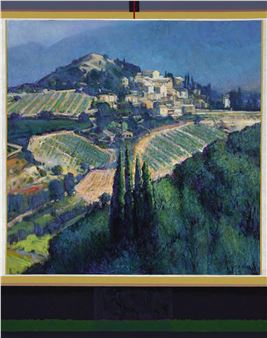 A vibrant landscape painting of a hillside village nestled among terraced vineyards.