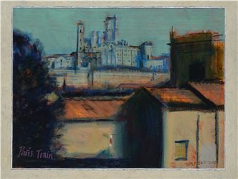 A pastel landscape of Paris rooftops with a cathedral in the distance.